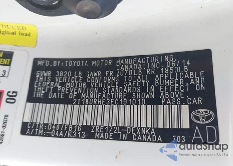 2014 Toyota Corolla Le z USA, uszkodzony, nr VIN 2T1BURHE3EC191010